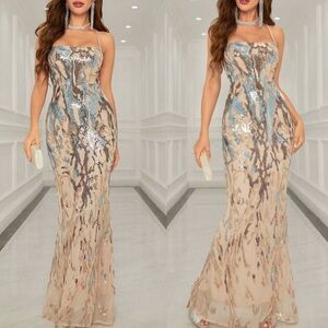 Luxe spaghetti straps party formal evening sequins gown dress